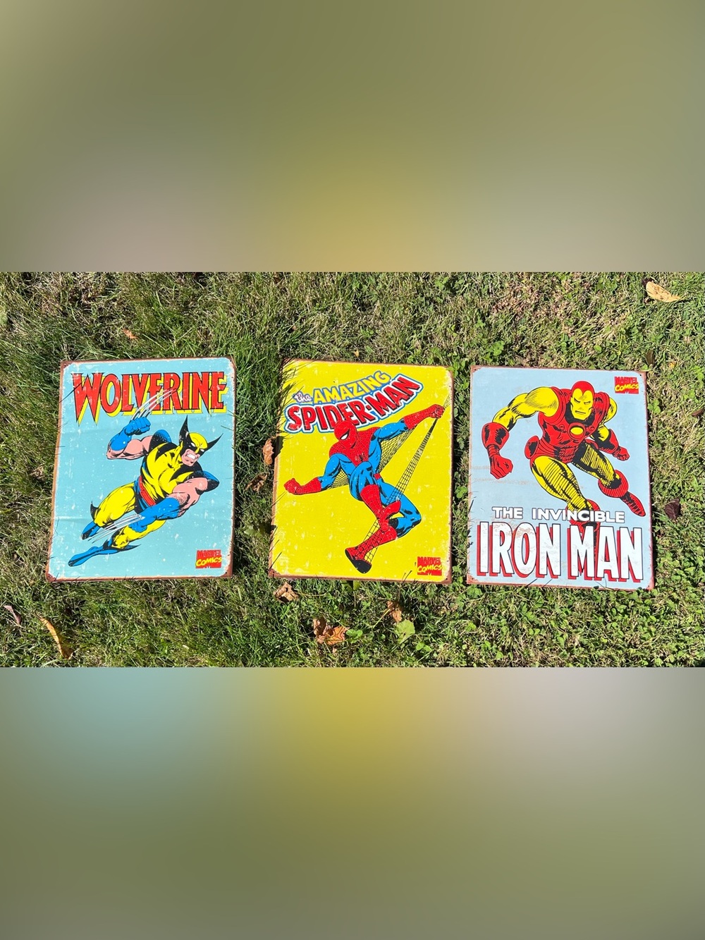 Vintage Marvel Comics Metal Tin Sign Set of 3 – Wolverine, Spider-Man, Iron Man